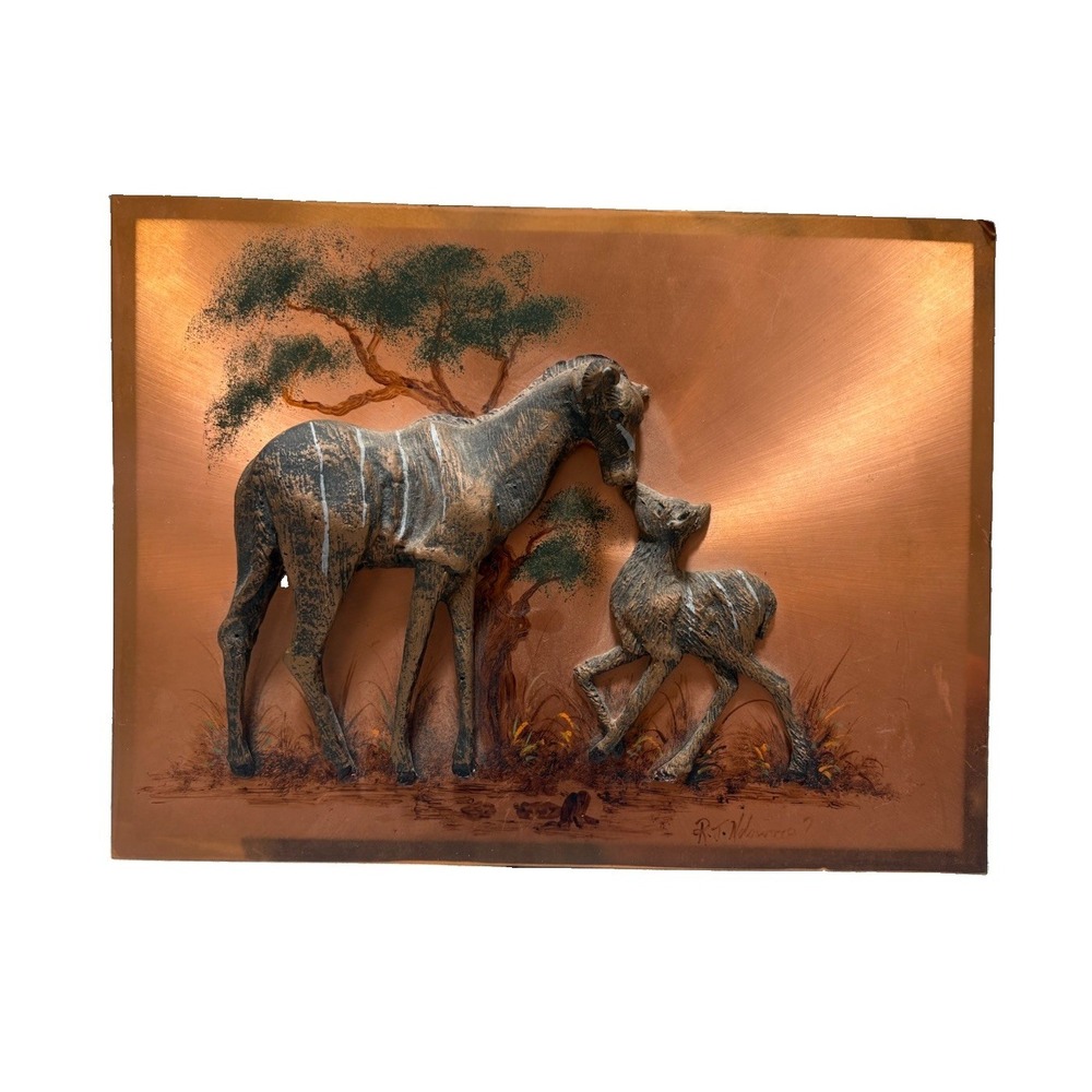 V intage Wildlife In Copper Wall Plaque R T Ndou African Kudu Mother Foal 12"
